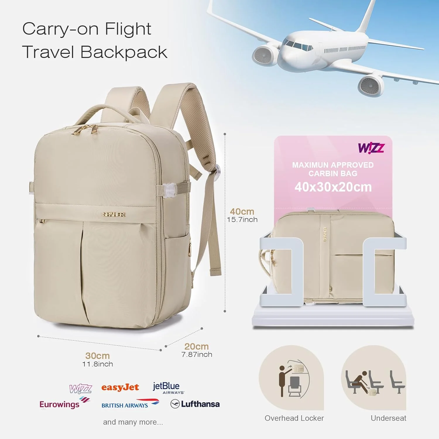 کیف کابین SPAHER کوله پشتی لپ تاپ زیر صندلی ویز ایر 40x30x20 مناسب لپ تاپ 15.6 اینچی برای مدرسه، کوله پشتی مسافرتی، کوله پشتی دستی، کوله پشتی روزمره، خاکستری