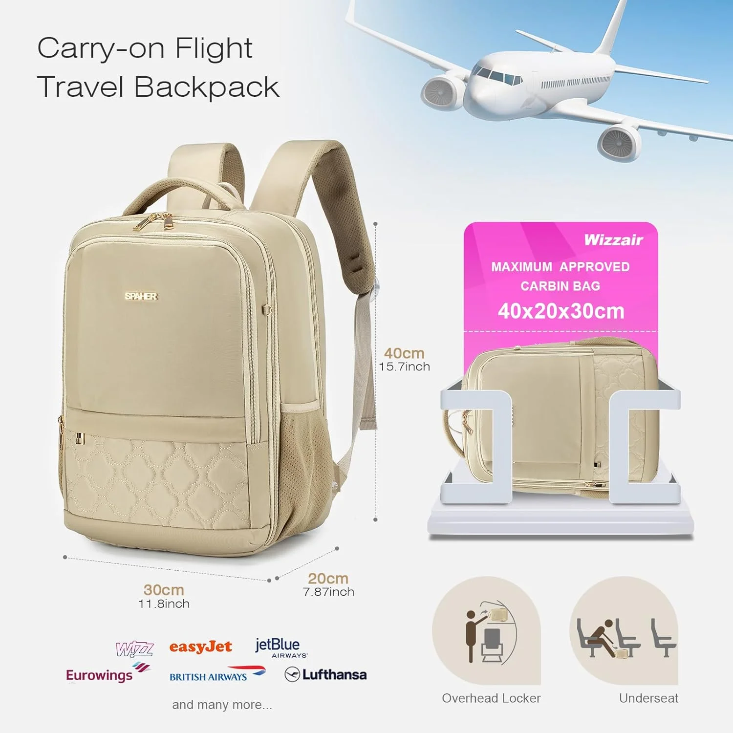 کیف کابین اسپاهر 40x30x20 کوله پشتی لپ تاپ زیر صندلی 15.6 اینچی برای مدرسه، مسافرت، حمل دستی، کوله پشتی روزمره، کیف دستی تایید شده، کوله پشتی پرواز بنفش