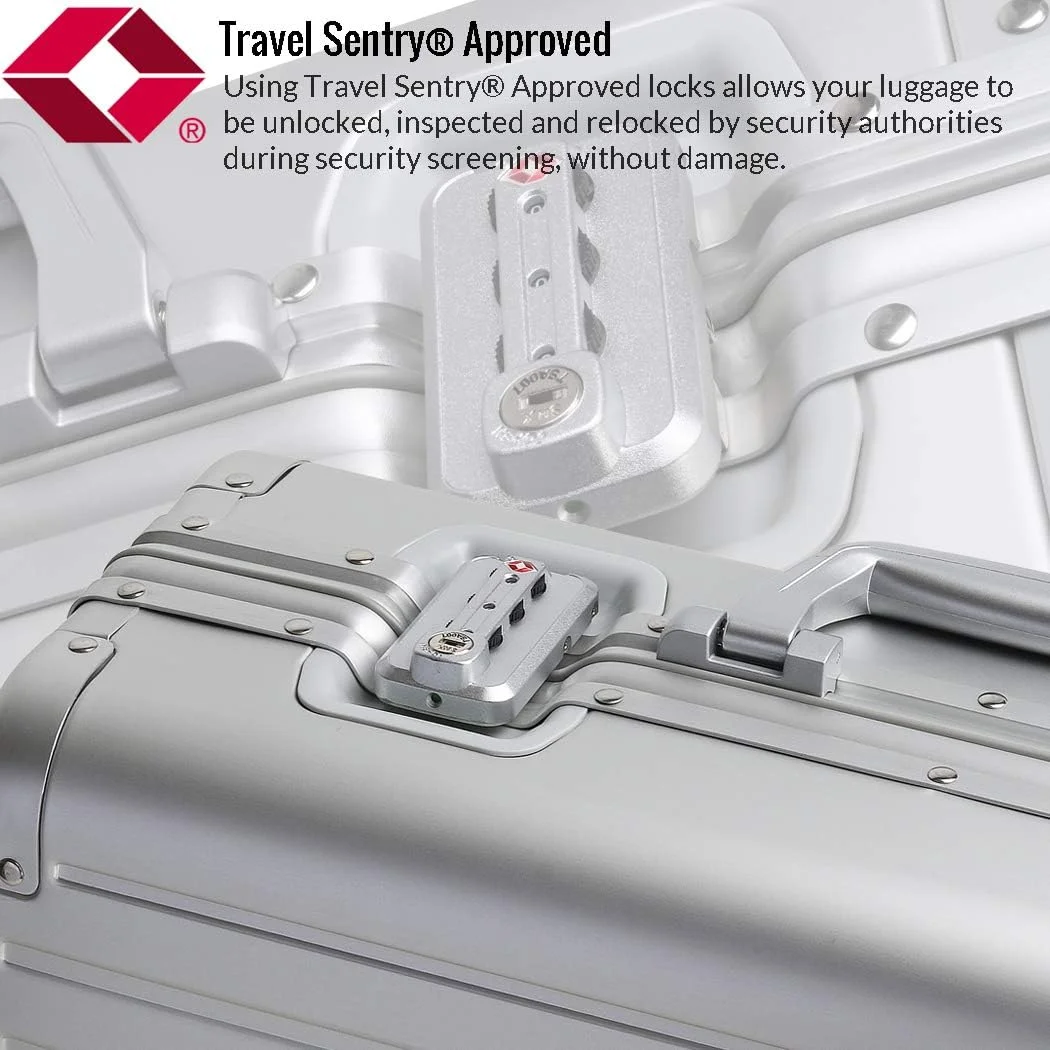 چمدان آلومینیومی سخت با قفل TSA، نقره ای، سایز کابین 20 اینچ