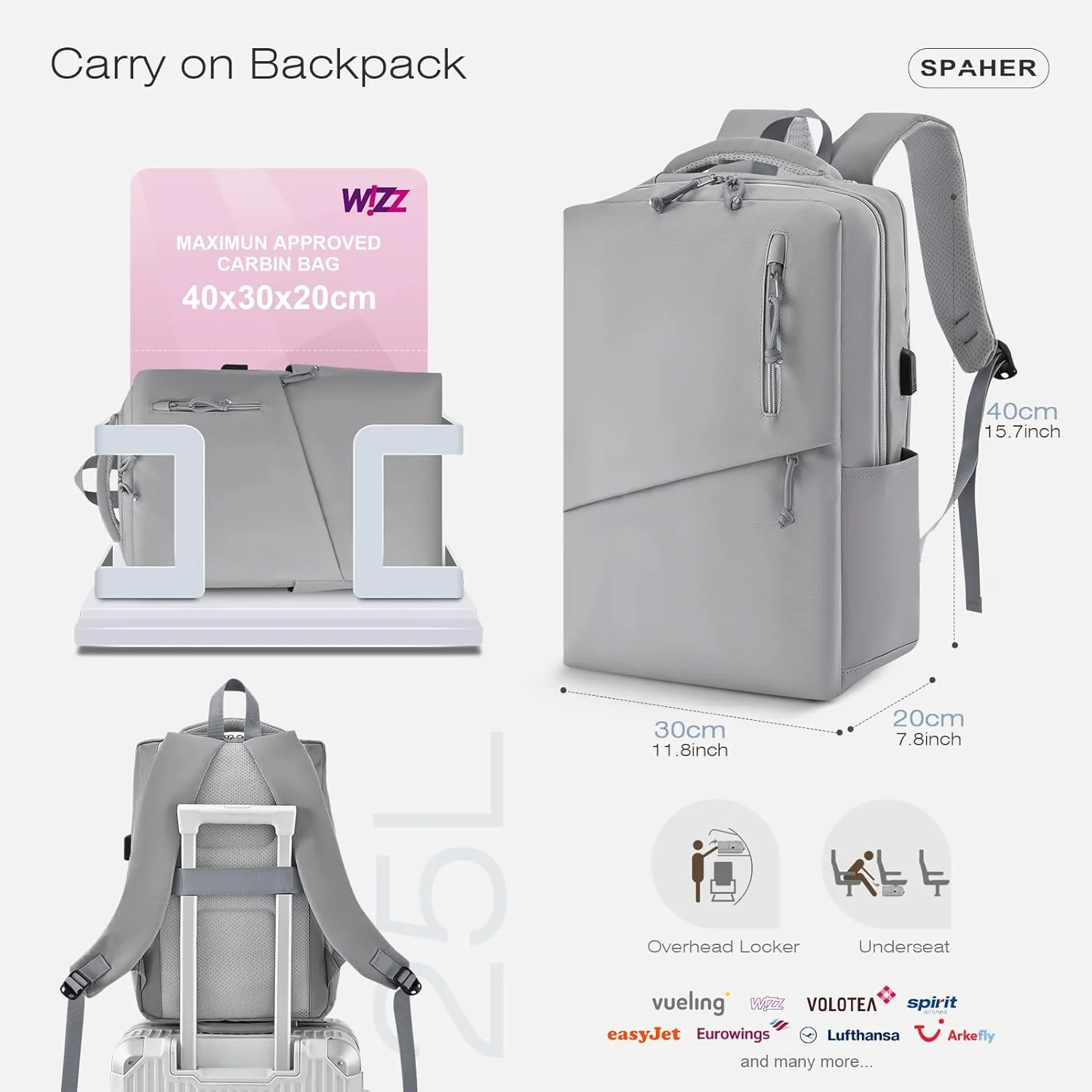 کیف کوله پشتی لپ تاپ SPAHER، مناسب سفر و کابین هواپیما، سایز 40x30x20، با پورت شارژ USB، ضد آب، مناسب کار، مدرسه، مردانه و زنانه، کوله پشتی روزانه، قابل حمل زیر صندلی، چمدان دستی