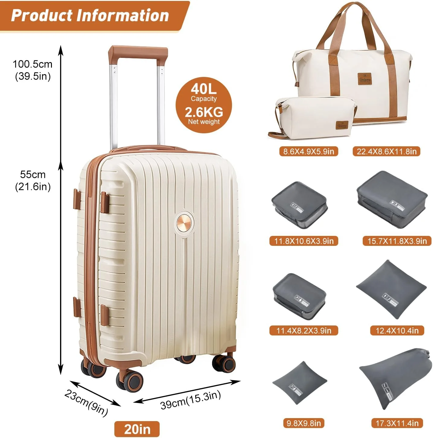 چمدان کابین سایز، چمدان 20 اینچی با چرخ های اسپینر، ست 3 تکه چمدان مسافرتی چرخ دار به همراه 6 عدد کیف بسته بندی (زردآلویی)