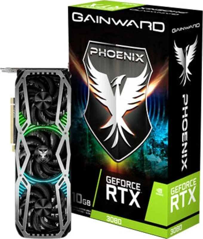 کارت گرافیک Gainward Geforce RTX 3080 Phoenix Edition، حافظه 10 گیگابایتی GDDR6X (320 بیتی)، 8704 هسته کودا، PCI-Express Gen 4 x16، پردازنده گرافیکی 1710 مگاهرتز، پهنای باند 760 گیگابایت بر ثانیه، 19 گیگابیت بر ثانیه، NON LHR | NED3080019IA-132AX-V1