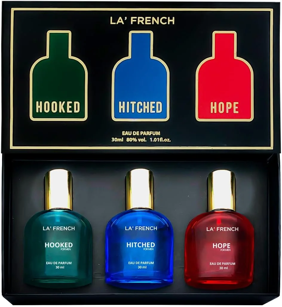 ست هدیه ادکلن مردانه La French 3x30 ML Hooked Hope Hitched | ماندگاری طولانی | رایحه مرکباتی، تند و مشک | عطر مناسب شب قرار