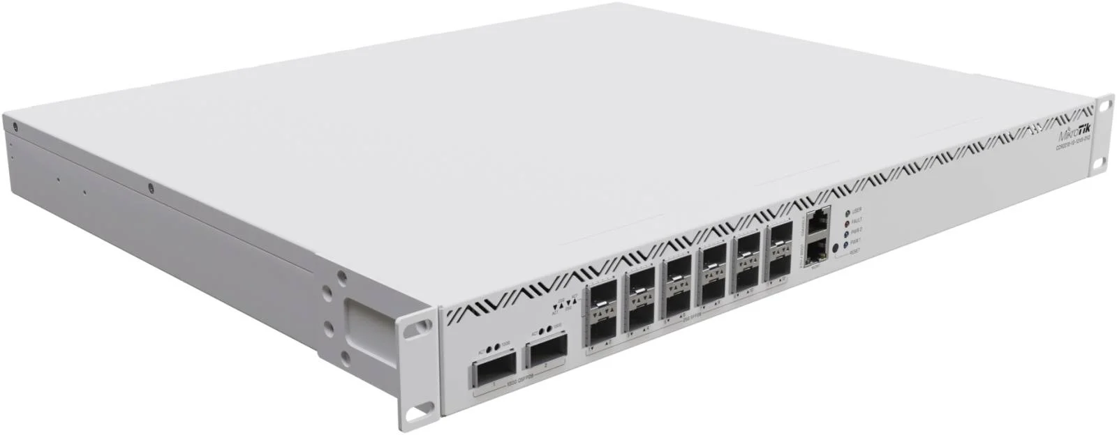 روتر هسته ابری MikroTik CCR2216-1G-12XS-2XQ، پردازنده AL73400، رم 16 گیگابایتی، معماری ARM 64 بیتی، اترنت گیگابیتی، 2 پورت 100G QSFP28 و 12 پورت 25G SFP28، 2x M.2، RouterOS L6، سفید | CCR2216-1G-12XS-2XQ