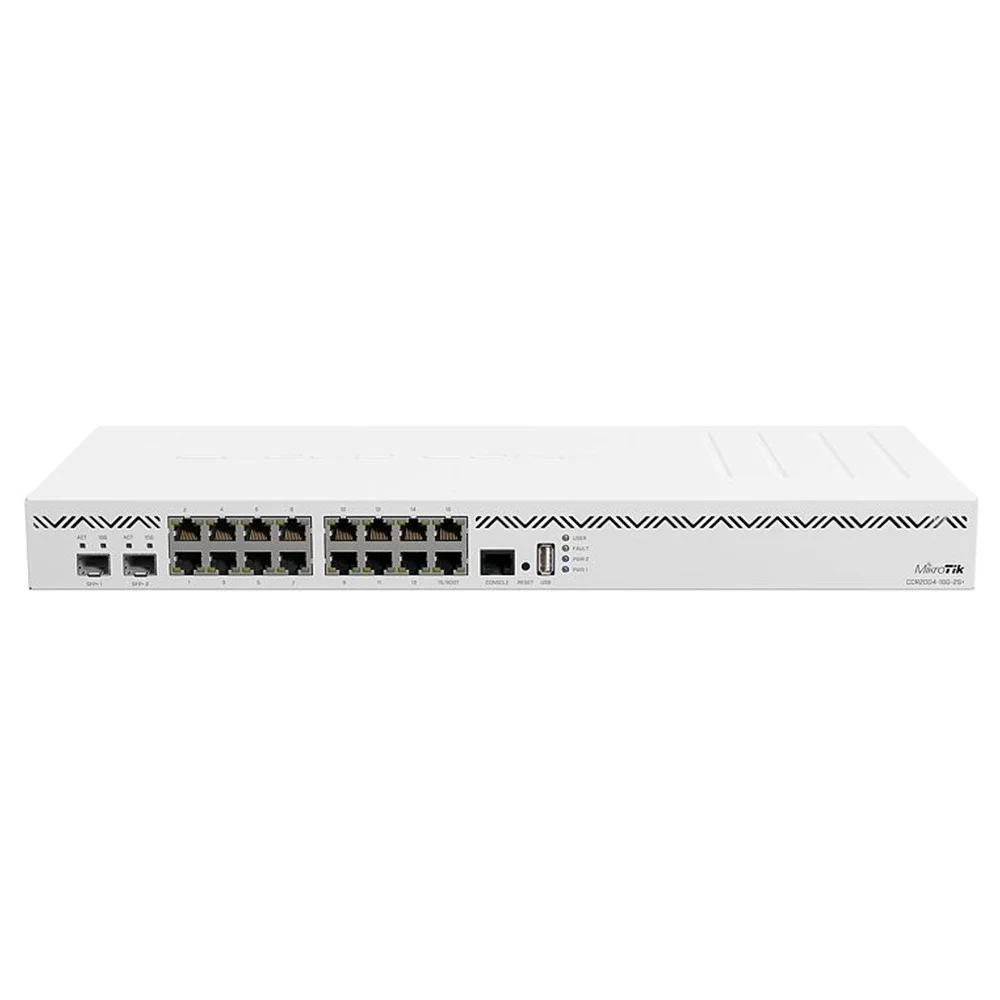 روتر اترنت گیگابیتی 16 پورت MikroTik Cloud Core، فایروال VPN دوگانه 10Gb SFP+، معماری ARM 64 بیتی، 4 گیگابایت رم، 128 مگابایت حافظه NAND، 16 پورت اترنت 10/100/1000، سفید | CCR2004-16G-2S+