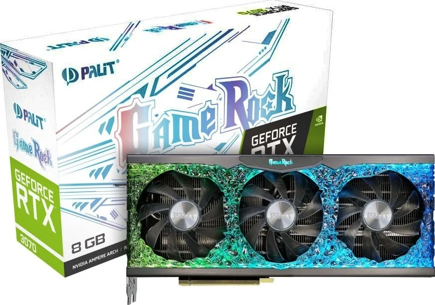 کارت گرافیک Palit GeForce RTX 3070 GameRock، حافظه 8 گیگابایت، 5888 هسته CUDA، سرعت 14 گیگابیت بر ثانیه، GDDR6، رابط 256 بیتی، PCI Express 4.0 x16، کارت گرافیک گیمینگ | NE63070019P2-1040G