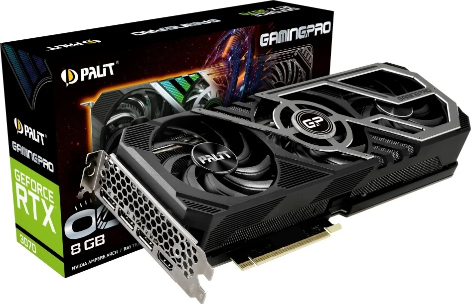 کارت گرافیک Palit GeForce RTX 3070 GamingPro 8GB OC GPU 256bit GDDR6 فرکانس هسته 1500MHz فرکانس افزایشی 1770MHz سرعت حافظه 14Gbps PCI-E 4.0 (LHR) | NE63070S19P2-1041A