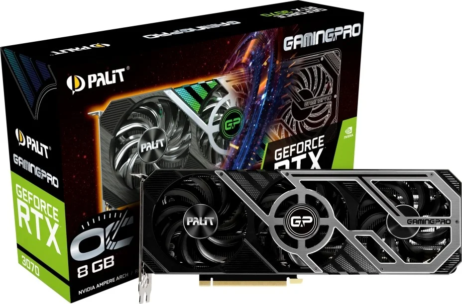 کارت گرافیک Palit GeForce RTX 3070 GamingPro 8GB OC GPU 256bit GDDR6 فرکانس هسته 1500MHz فرکانس افزایشی 1770MHz سرعت حافظه 14Gbps PCI-E 4.0 (LHR) | NE63070S19P2-1041A
