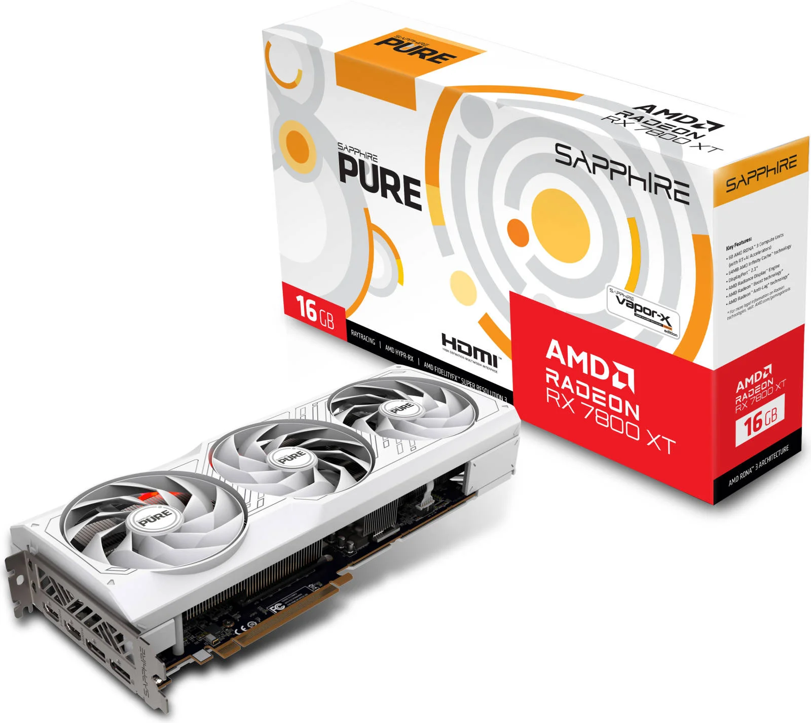 کارت گرافیک Sapphire PURE AMD Radeon RX 7800 XT، حافظه 16 گیگابایت GDDR6 256 بیتی، فرکانس بوست 2475 مگاهرتز، فرکانس حافظه 19.5 گیگابیت بر ثانیه، 3840 پردازنده جریانی، PCIE 4.0 x16، 2x DP و 2x HDMI، سفید | S88-8E475-101SA