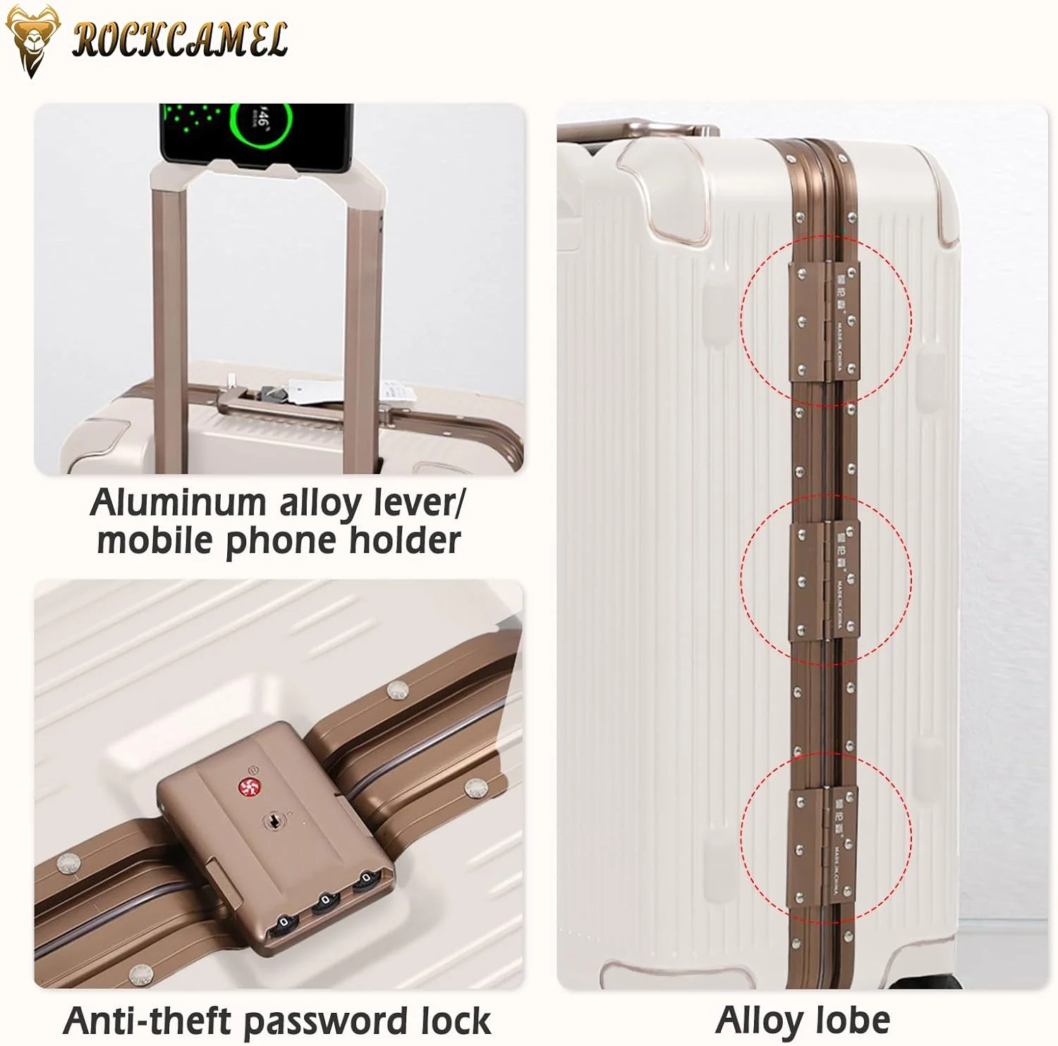 چمدان کابین سایز 20 اینچی با فریم آلومینیومی، چمدان مسافرتی با طراحی گوشه‌های ضد ضربه، قفل رمز عبور ضد سرقت، چمدان مسافرتی هارد شل با جا لیوانی، پورت USB و نگهدارنده تلفن