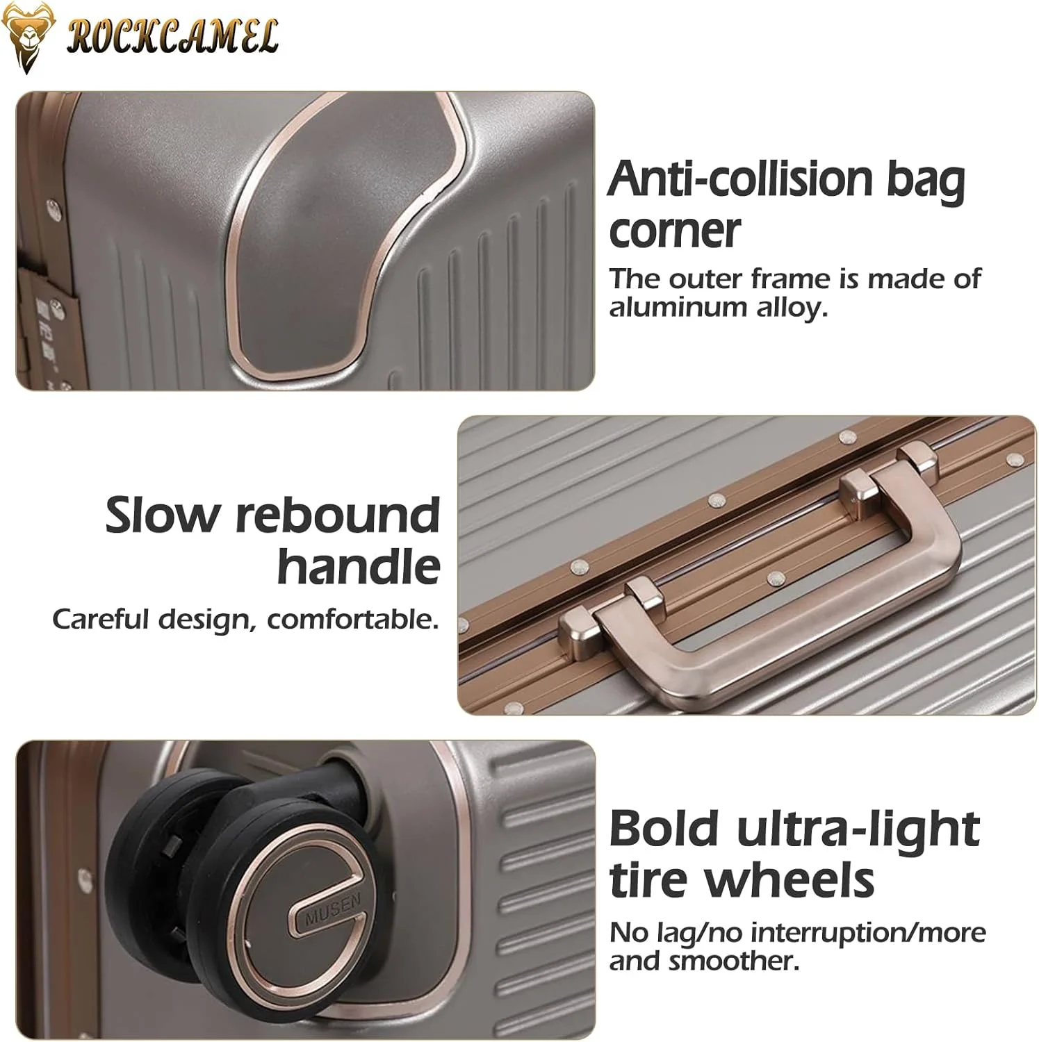 چمدان سایز 24 اینچ با فریم آلومینیومی، چمدان شیک با طراحی ضد ضربه در گوشه‌ها، قفل رمزدار ضد سرقت، چمدان مسافرتی هارد شل با جا لیوانی، پورت USB و نگهدارنده تلفن