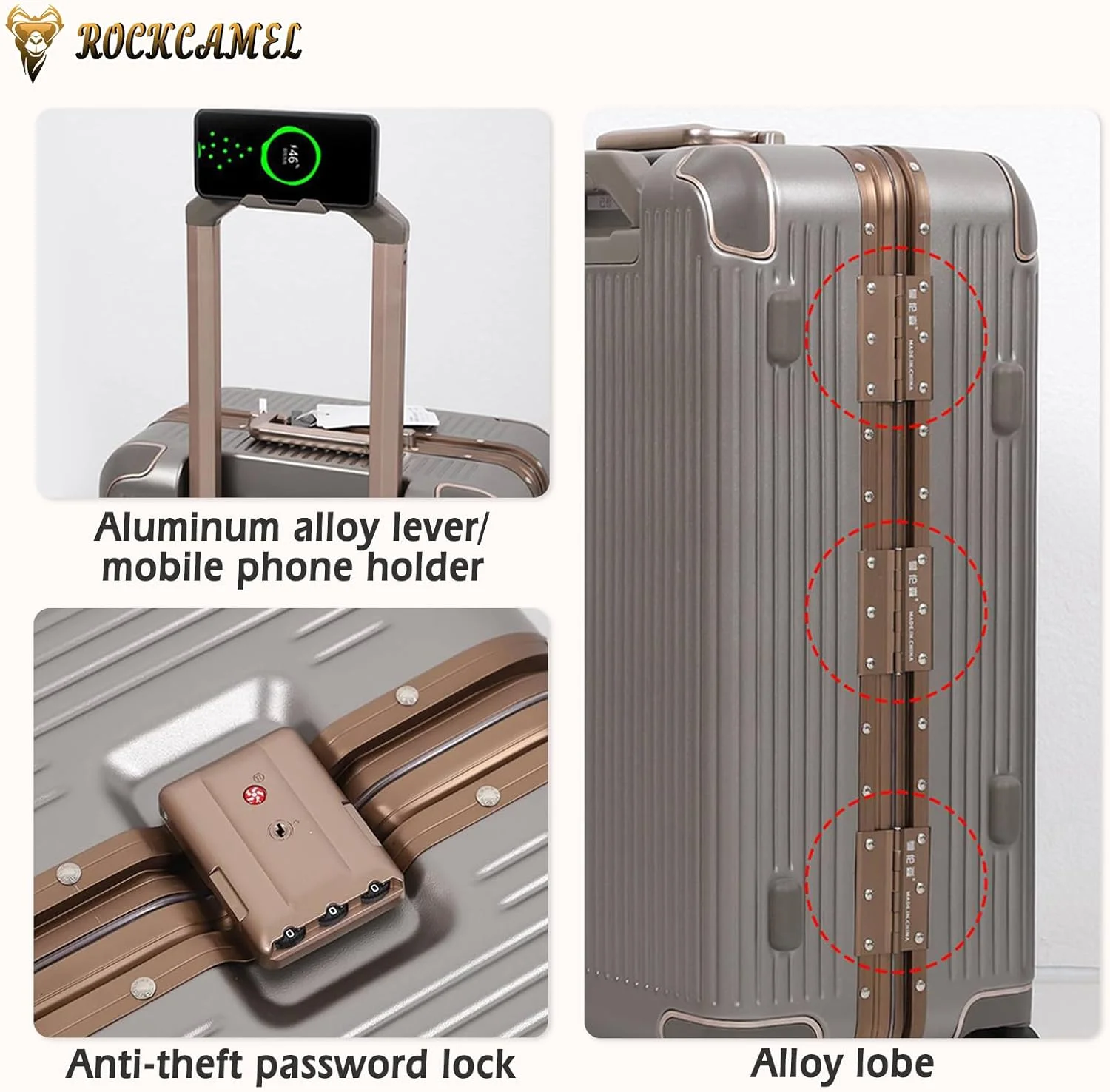 چمدان سایز 24 اینچ با فریم آلومینیومی، چمدان شیک با طراحی ضد ضربه در گوشه‌ها، قفل رمزدار ضد سرقت، چمدان مسافرتی هارد شل با جا لیوانی، پورت USB و نگهدارنده تلفن