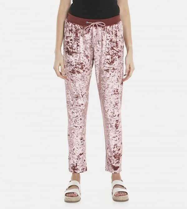 شلوار مخمل زنانه صورتی با کمر بند کشی - سایز M