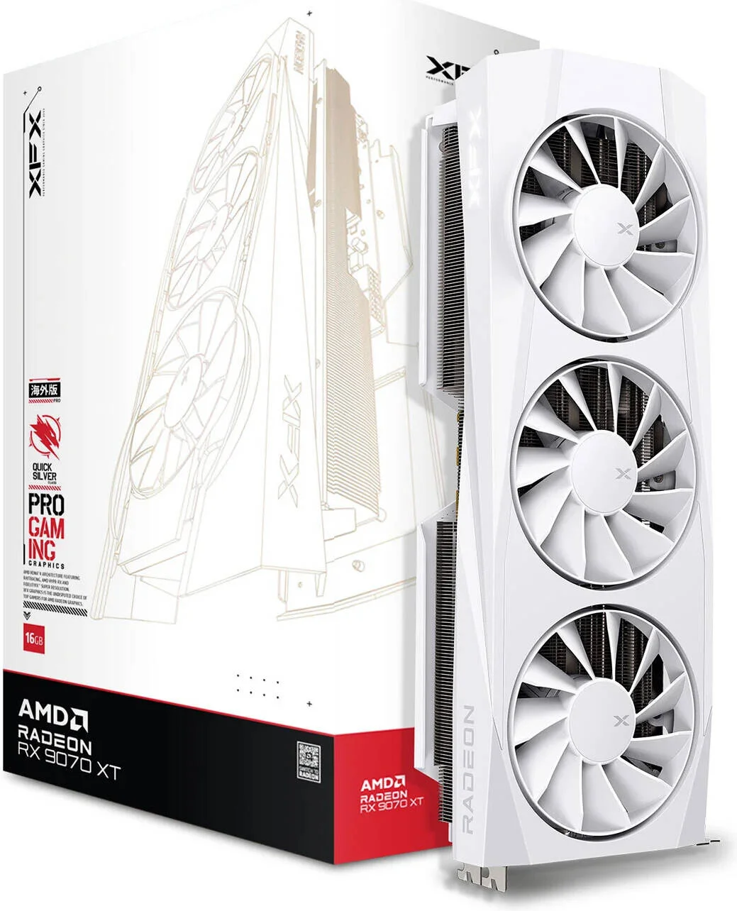 کارت گرافیک گیمینگ XFX Quicksilver AMD Radeon RX 9070 XT نسخه سفید، حافظه 16 گیگابایت GDDR6 256 بیتی، فرکانس بوست 2970 مگاهرتز، 4096 پردازنده جریانی، سرعت حافظه 20 گیگابیت بر ثانیه، PCI Express 5.0 | RX-97TQICKW9