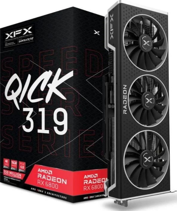 کارت گرافیک گیمینگ مشکی XFX Speedster QICK 319 AMD Radeon RX 6800 با 16 گیگابایت حافظه GDDR6، رابط 256 بیتی، PCI Express 4.0، HDMI و 3 پورت DP، AMD RDNA 2 | RX-68XLALBD9 / RX-68XLALFD9