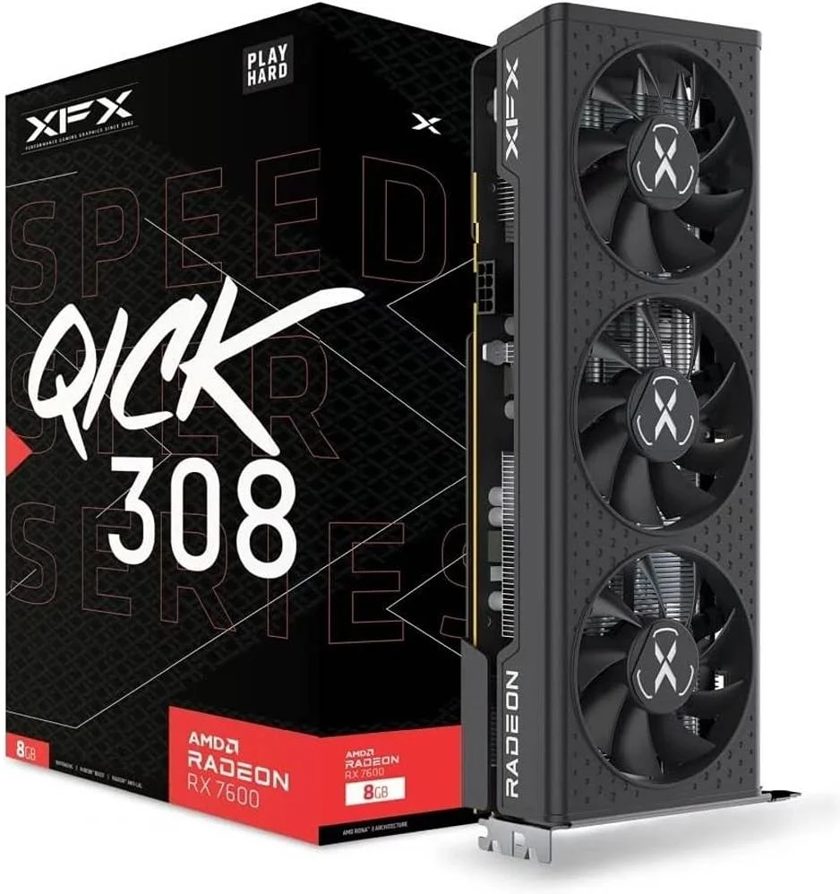 کارت گرافیک XFX Speedster QICK308 Radeon RX 7600 Black، حافظه 8GB GDDR6 128bit، فرکانس بوست 2755 مگاهرتز، فرکانس حافظه 18 گیگابیت بر ثانیه، 2048 پردازنده جریانی، PCI-E 4.0، 3*DP 2.1 / HDMI 2.1 | RX-76PQICKBY
