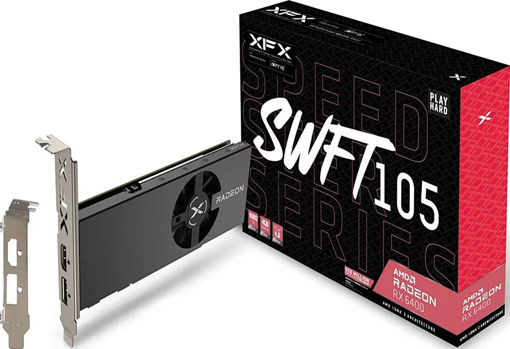 کارت گرافیک گیمینگ XFX Speedster SWFT 105 Radeon RX 6400، حافظه 4 گیگابایت GDDR6 64 بیتی، 768 پردازنده جریانی، 2321 مگاهرتز، AMD RDNA 2، با براکت LP، 16 گیگابیت بر ثانیه، PCI-E 4.0 | RX-64XL4SFG2