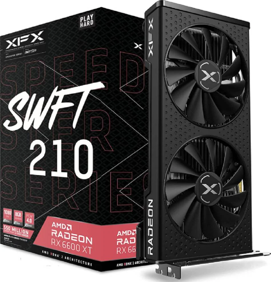 کارت گرافیک XFX Speedster SWFT 210 AMD Radeon RX 6600 XT Core، هشت گیگابایت GDDR6 با رابط 128 بیتی، شانزده گیگابیت بر ثانیه، فرکانس گیمینگ 2359 مگاهرتز، AMD RDNA 2، PCI-E 4.0، HDMI 3xDP | RX-66XT8DFDQ