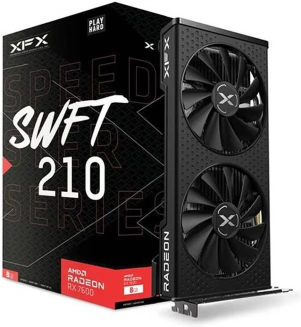 کارت گرافیک XFX SPEEDSTER SWFT 210 AMD Radeon RX 7600 Core، حافظه 8 گیگابایتی GDDR6 128 بیتی، فرکانس بوست 2655 مگاهرتز، فرکانس حافظه 18 گیگابیت بر ثانیه، 2048 پردازنده استریم، PCI-E 4.0، ‍3* DP / 3* HDMI 2.1 | RX-76PSWFTFY