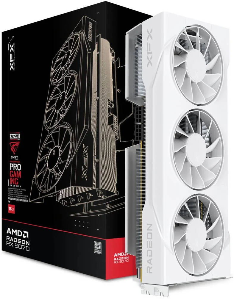 کارت گرافیک XFX Swift AMD Radeon RX 9070 OC Triple با سه فن 90 میلی‌متری، نسخه گیمینگ، حافظه 16GB GDDR6 256-Bit، فرکانس بوست 2700MHz، سرعت حافظه 20Gbps، پردازنده جریانی 4096، PCI-E 5.0، سفید | RX-97SWFT3W7