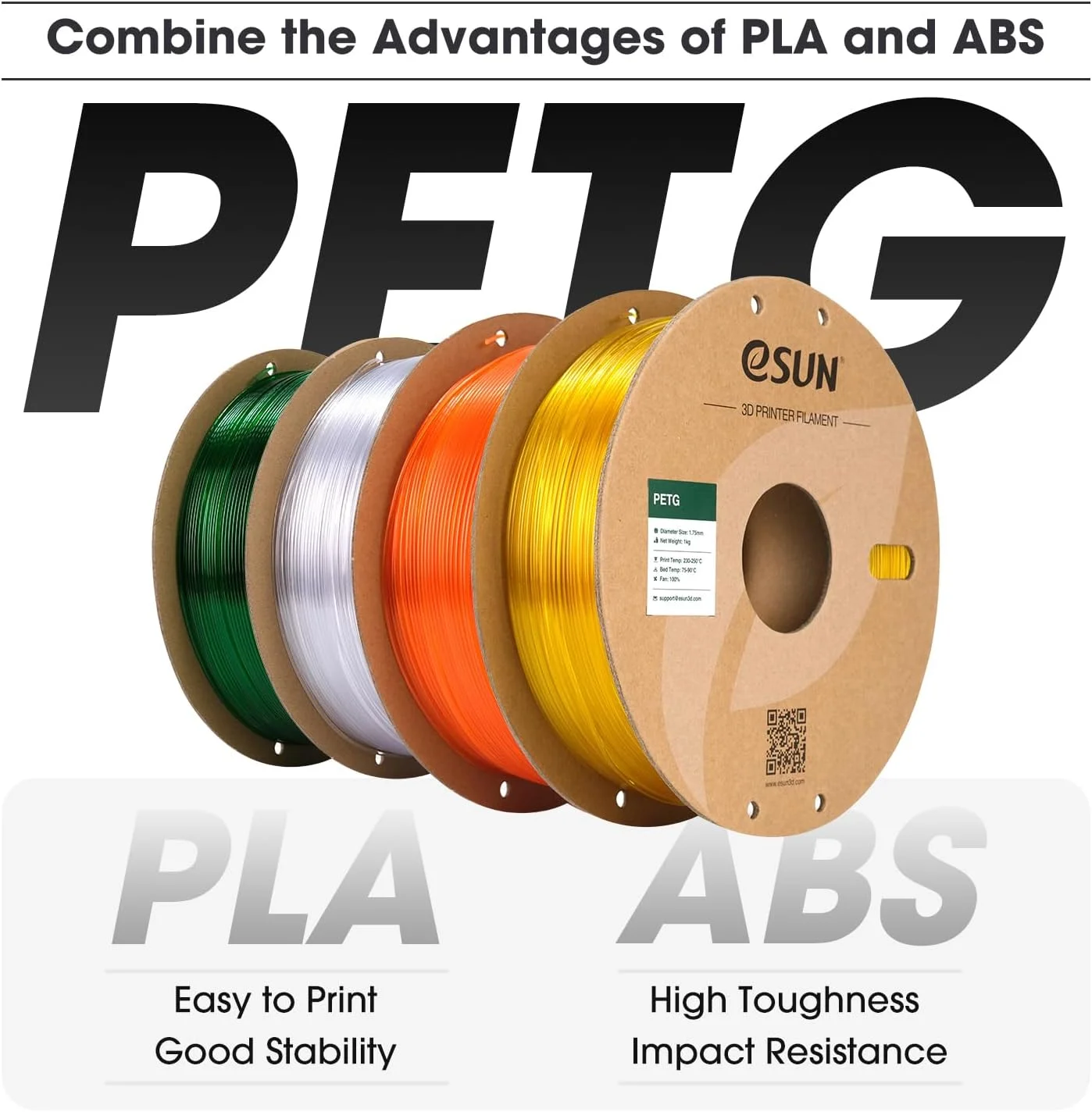 فیلامنت PETG ای‌سان 1.75mm، فیلامنت پرینتر سه بعدی PETG، دقت ابعادی +/- 0.05mm، اسپول 1 کیلوگرمی (2.2 پوند) فیلامنت پرینت سه بعدی برای پرینترهای سه بعدی، سفید یکدست