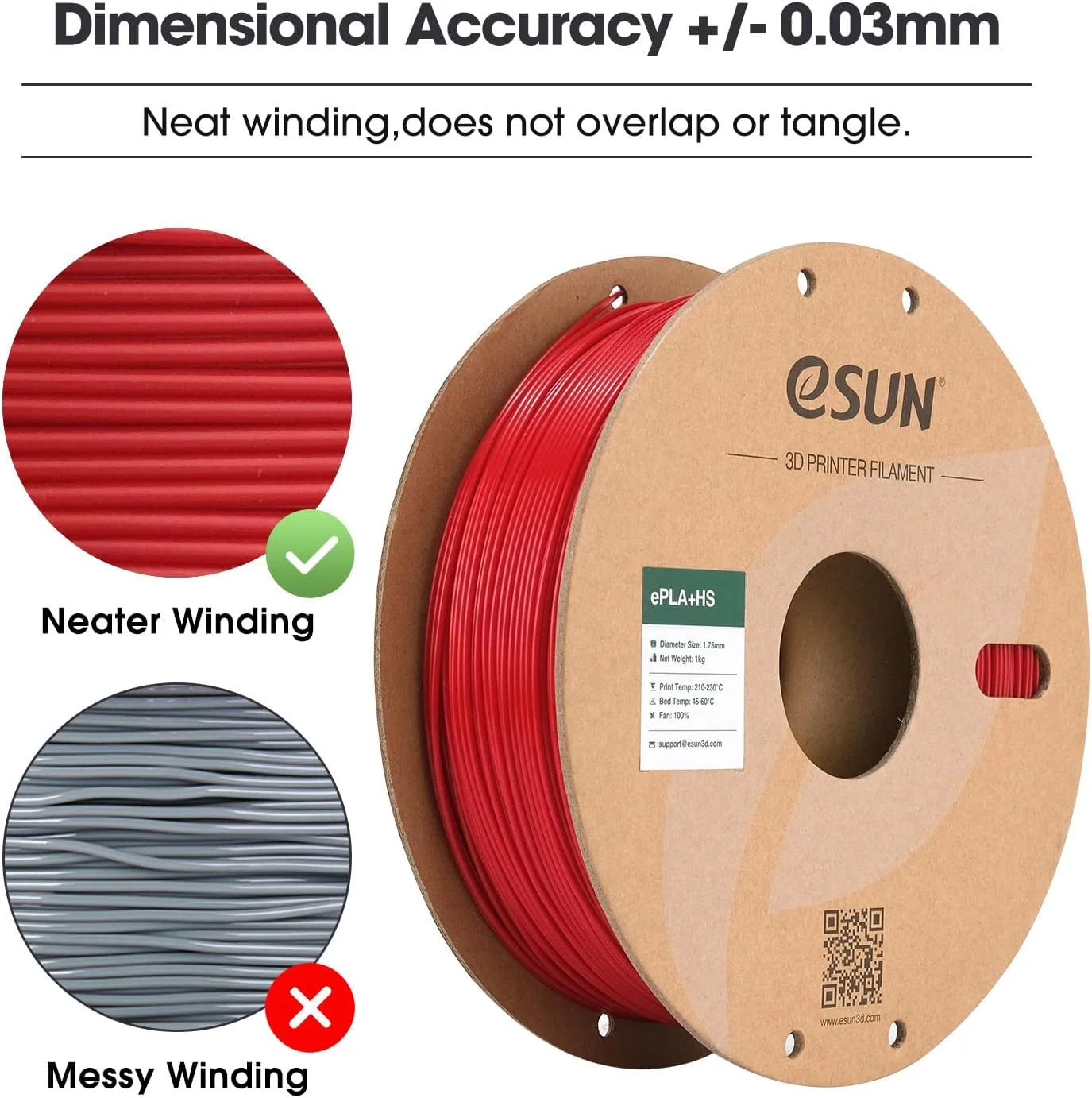 فیلامنت PLA+ ای‌سان 1.75 میلی‌متر، فیلامنت پرینتر سه بعدی PLA+HS سرعت بالا، دقت ابعادی +/- 0.02 میلی‌متر، اسپول 1 کیلوگرمی (2.2 پوند) برای پرینت سه بعدی سریع، قرمز آتشین