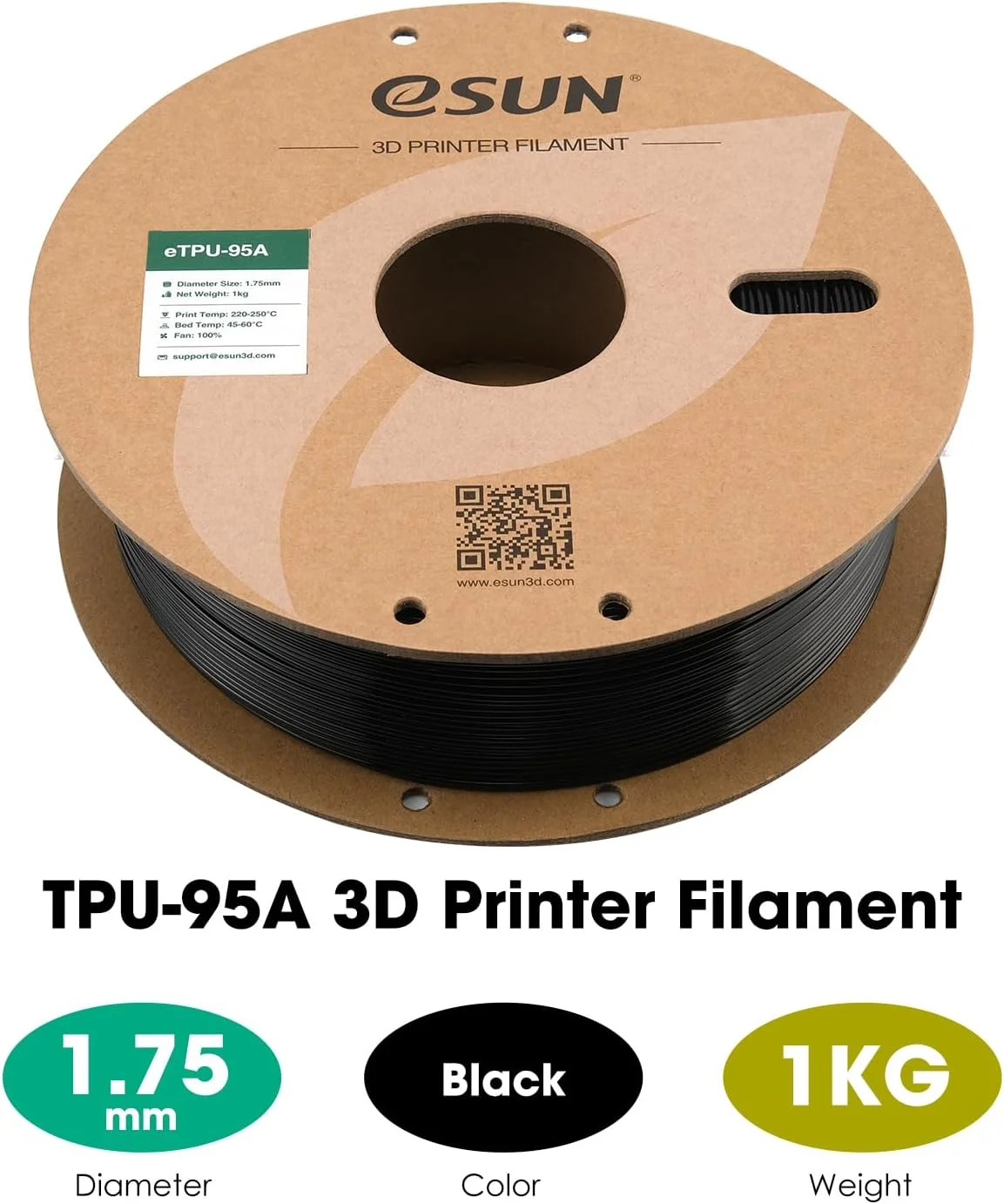 فیلامنت TPU منعطف eSUN، 1.75 میلی‌متر، فیلامنت پرینتر سه بعدی TPU 95A، دقت ابعادی +/- 0.05 میلی‌متر، رول 1 کیلوگرمی (2.2 پوند) فیلامنت پرینت سه بعدی برای پرینترهای سه بعدی، مشکی