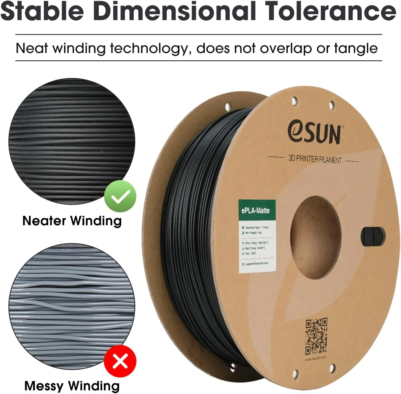 فیلامنت PLA مات ارتقا یافته eSUN، 1.75 میلی متر، چسبندگی عالی با چگالی کم، فیلامنت PLA چاپگر سه بعدی مات، حلقه 1 کیلوگرمی فیلامنت چاپ سه بعدی برای چاپگرهای سه بعدی، قرقره کاغذی، مشکی تیره