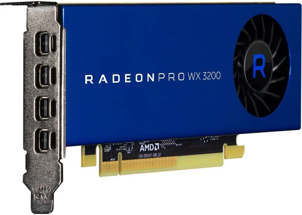 کارت گرافیک AMD Radeon Pro WX 3200، حافظه 4 گیگابایتی GDDR5 128 بیتی، پهنای باند حافظه 96 گیگابایت بر ثانیه، 640 پردازنده جریانی، PCIe 3.0 x16، عملکرد 1.66 ترافلاپس تک دقتی، 4 عدد Mini DisplayPort 1.4 | 100-506115
