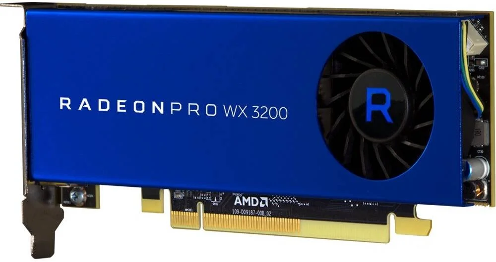 کارت گرافیک AMD Radeon Pro WX 3200، حافظه 4 گیگابایتی GDDR5 128 بیتی، پهنای باند حافظه 96 گیگابایت بر ثانیه، 640 پردازنده جریانی، PCIe 3.0 x16، عملکرد 1.66 ترافلاپس تک دقتی، 4 عدد Mini DisplayPort 1.4 | 100-506115