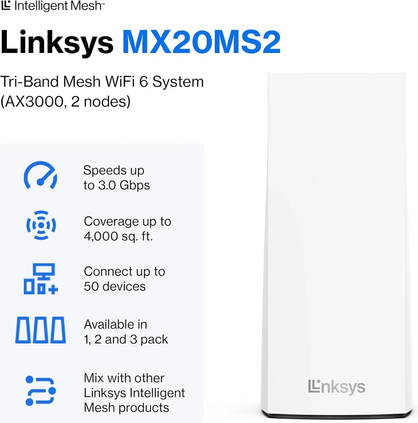 سیستم وای‌فای مش خانگی روتر Linksys Atlas WiFi 6، دو بانده، پوشش 370 متر مربع، پشتیبانی از 50+ دستگاه، سرعت تا (AX3000) 3.0 گیگابیت بر ثانیه - بسته 2 عددی MX2000