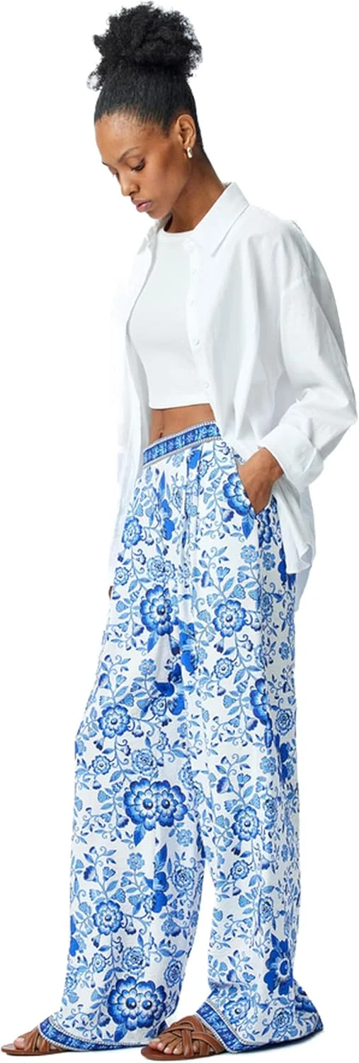 شلوار زنانه کوتون، ویسکوز طرح گلدار، فاق بلند و پاچه گشاد