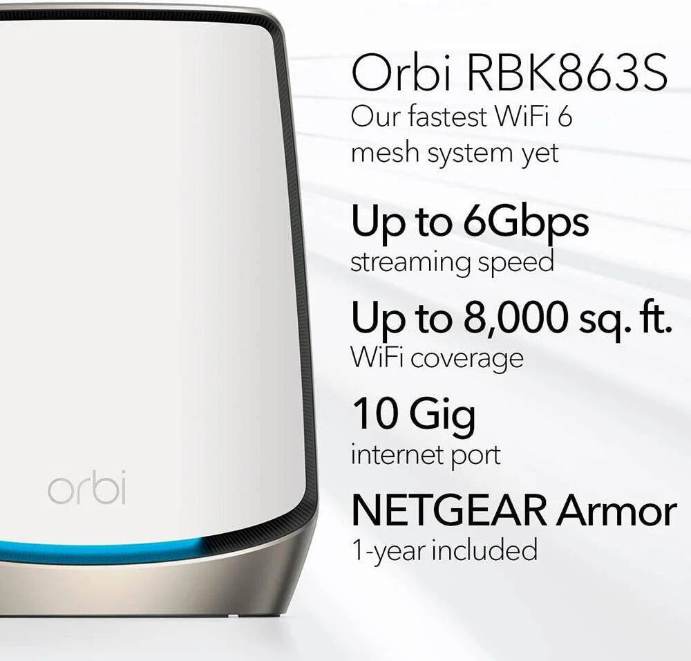 سیستم وای فای 6 مش تری-باند NETGEAR Orbi RBK863S AX6000 برای کل خانه به همراه 3 ماهواره، پوشش تا 740 متر مربع، سرعت تا 6 گیگابیت بر ثانیه، پورت 10 گیگی، سفید | RBK863S-100APS سیستم وای فای 6 مش تری-باند NETGEAR Orbi RBK863S AX6000 برای کل خانه به همراه 3 ماهواره، پوشش تا 740 متر مربع، سرعت تا 6 گیگابیت بر ثانیه، پورت 10 گیگی، سفید | RBK863S-100APS