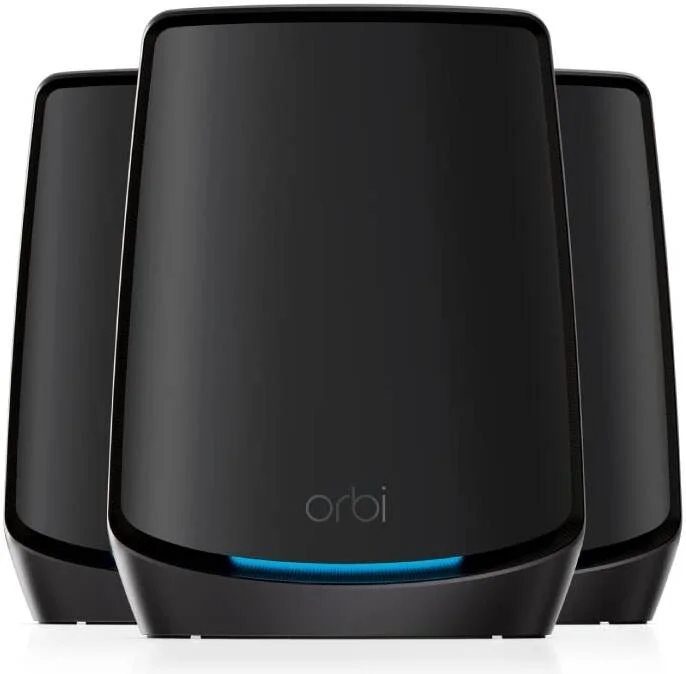 سیستم وای‌فای 6 مش سه بانده NETGEAR Orbi RBK863SB AX6000 برای کل خانه با 3 ماهواره، پوشش تا 740 متر مربع، سرعت تا 6 گیگابیت بر ثانیه، پورت 10 گیگی، مشکی | RBK863SB-100APS