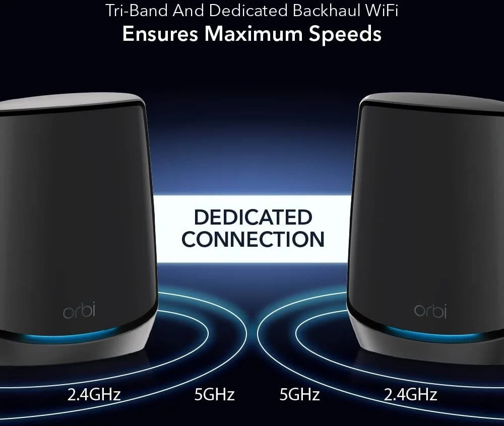 سیستم وایفای 6 مش سه بانده NETGEAR Orbi RBK863SB AX6000 برای کل خانه با 3 ماهواره، پوشش تا 740 متر مربع، سرعت تا 6 گیگابیت بر ثانیه، پورت 10 گیگی، مشکی | RBK863SB-100APS سیستم وایفای 6 مش سه بانده NETGEAR Orbi RBK863SB AX6000 برای کل خانه با 3 ماهواره، پوشش تا 740 متر مربع، سرعت تا 6 گیگابیت بر ثانیه، پورت 10 گیگی، مشکی | RBK863SB-100APS