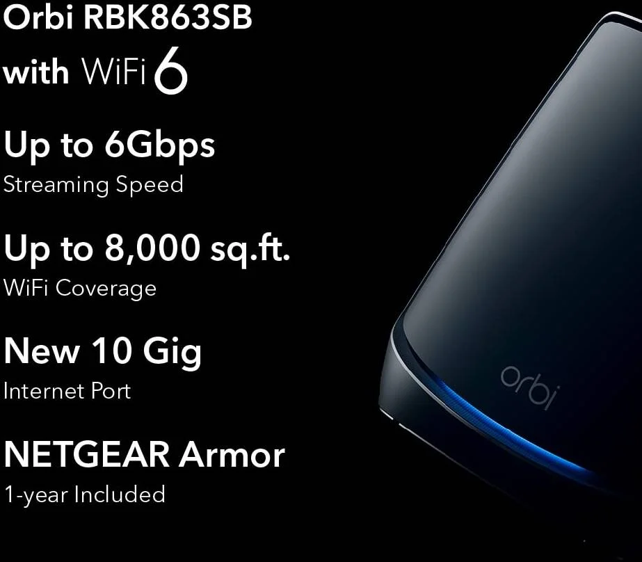 سیستم وایفای 6 مش سه بانده NETGEAR Orbi RBK863SB AX6000 برای کل خانه با 3 ماهواره، پوشش تا 740 متر مربع، سرعت تا 6 گیگابیت بر ثانیه، پورت 10 گیگی، مشکی | RBK863SB-100APS سیستم وایفای 6 مش سه بانده NETGEAR Orbi RBK863SB AX6000 برای کل خانه با 3 ماهواره، پوشش تا 740 متر مربع، سرعت تا 6 گیگابیت بر ثانیه، پورت 10 گیگی، مشکی | RBK863SB-100APS