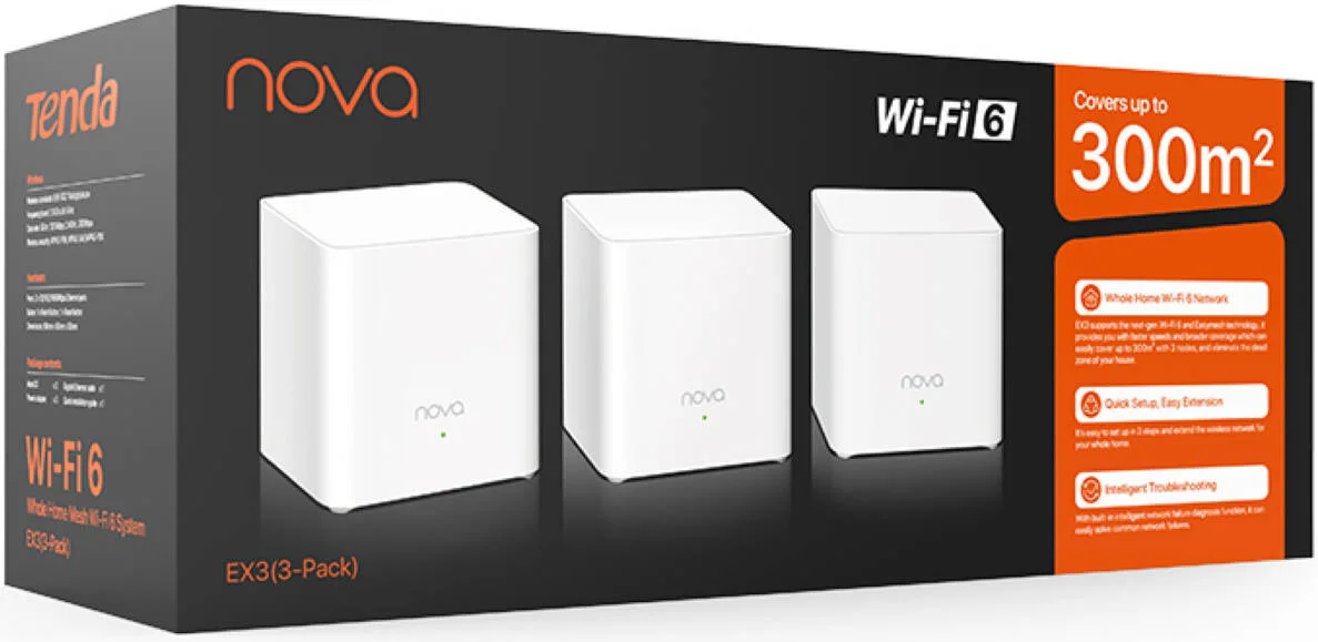 سیستم مش وای-فای تندا EX3 (بسته 3 عددی) روتر مش وای-فای 6 دو بانده AX1800 با اترنت گیگابیتی، پوشش یکپارچه کل خانه، MU-MIMO، OFDMA و مدیریت آسان برنامه | بسته 3 عددی EX3