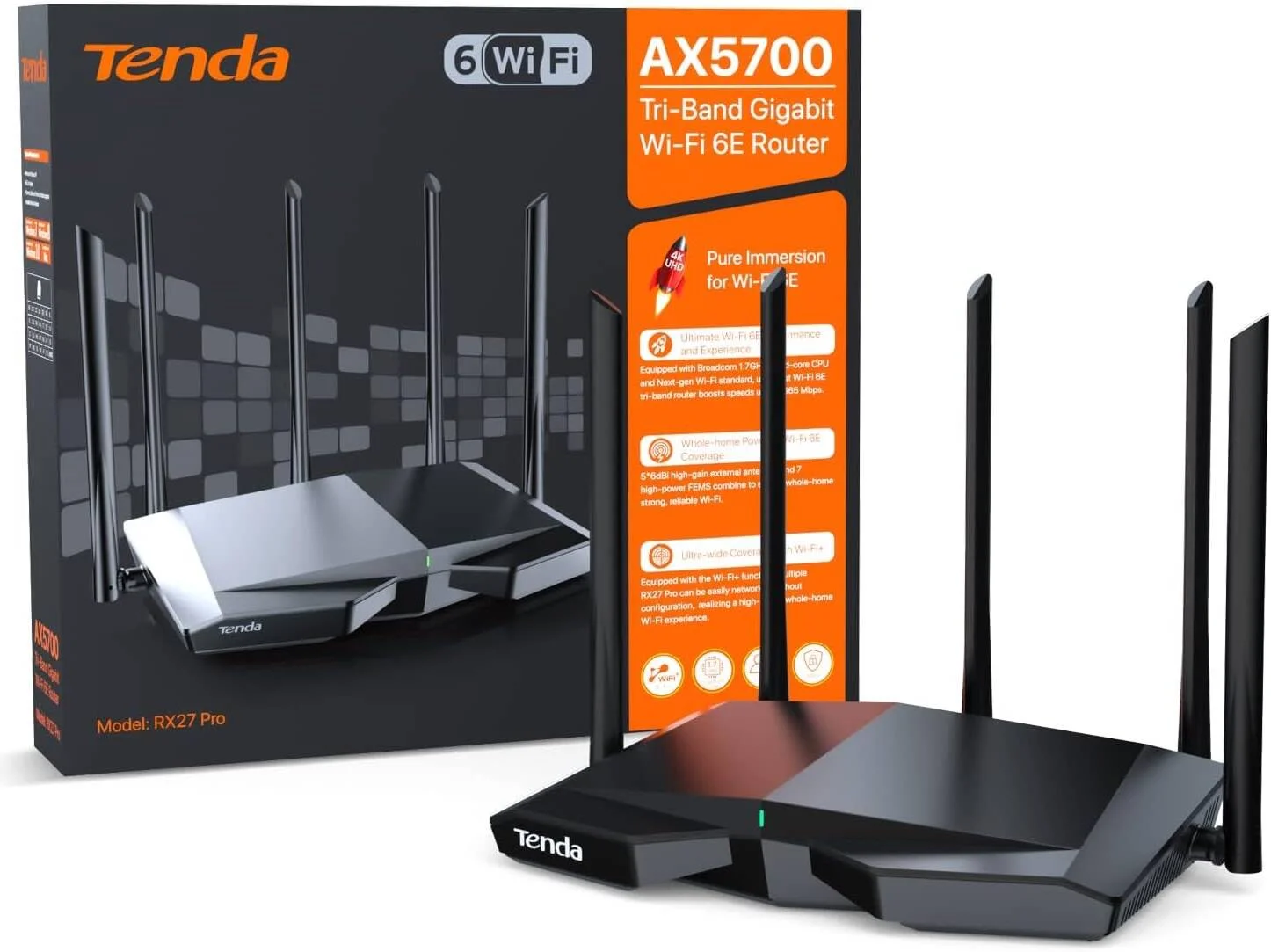 روتر گیگابیتی دو بانده وای فای 6 تندا RX27 Pro AX3000 با 6 آنتن خارجی با بهره بالا، OFDMA، MU-MIMO، امنیت WPA3 و پشتیبانی از Smart Mesh برای شبکه خانگی پرسرعت و یکپارچه | RX27 Pro