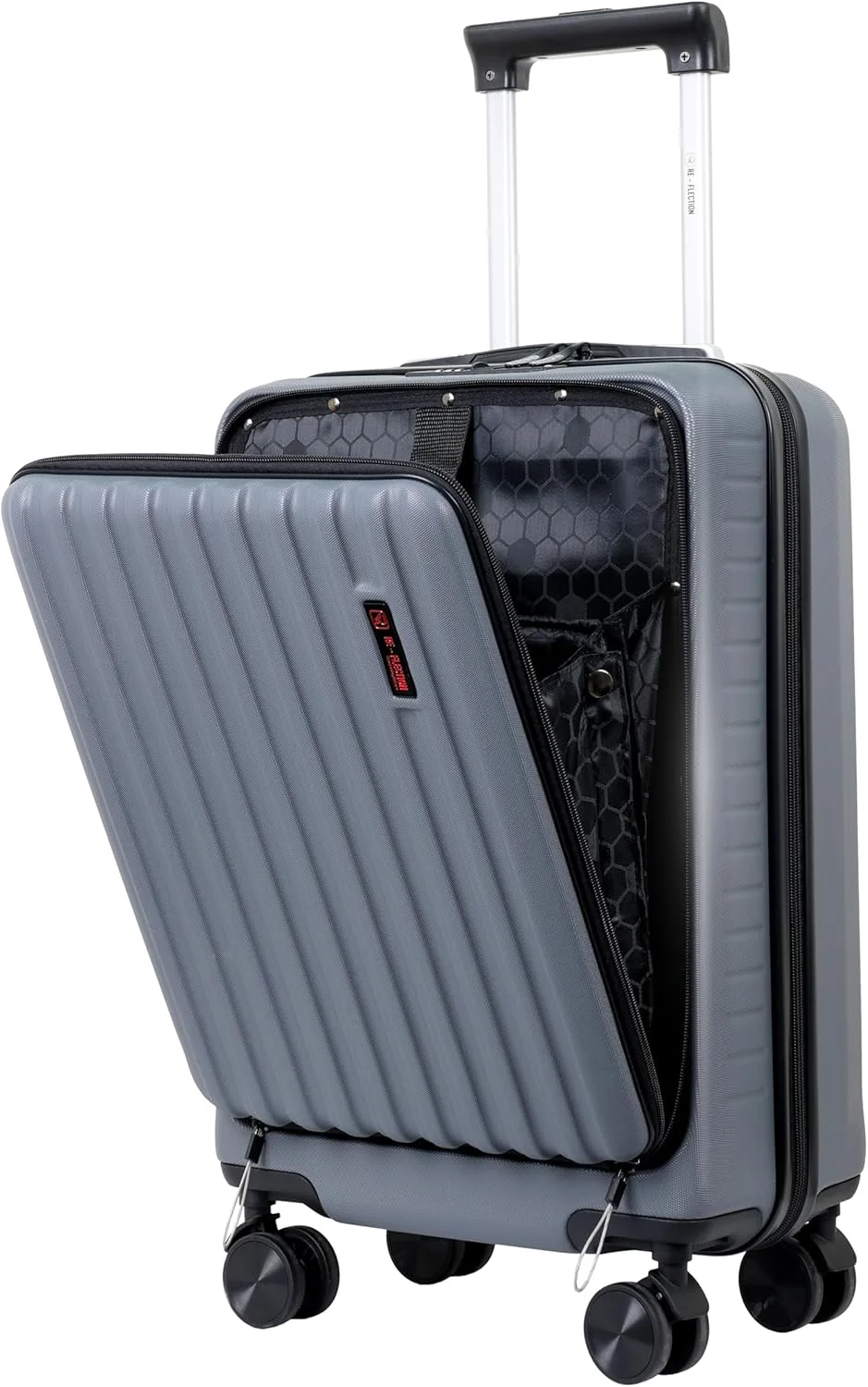 چمدان کابین سایز 20 اینچی تجاری Reflection با محفظه لپ تاپ بازشو از جلو | چمدان سخت | 4 چرخ گردان | کیفیت عالی | ظاهر حرفه ای (خاکستری)