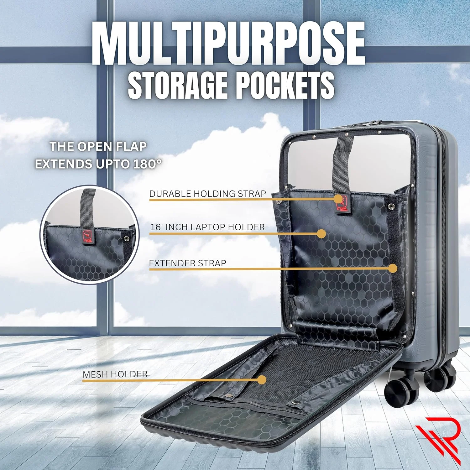 چمدان کابین سایز 20 اینچی تجاری Reflection با محفظه لپ تاپ بازشو از جلو | چمدان سخت | 4 چرخ گردان | کیفیت عالی | ظاهر حرفه ای (خاکستری)