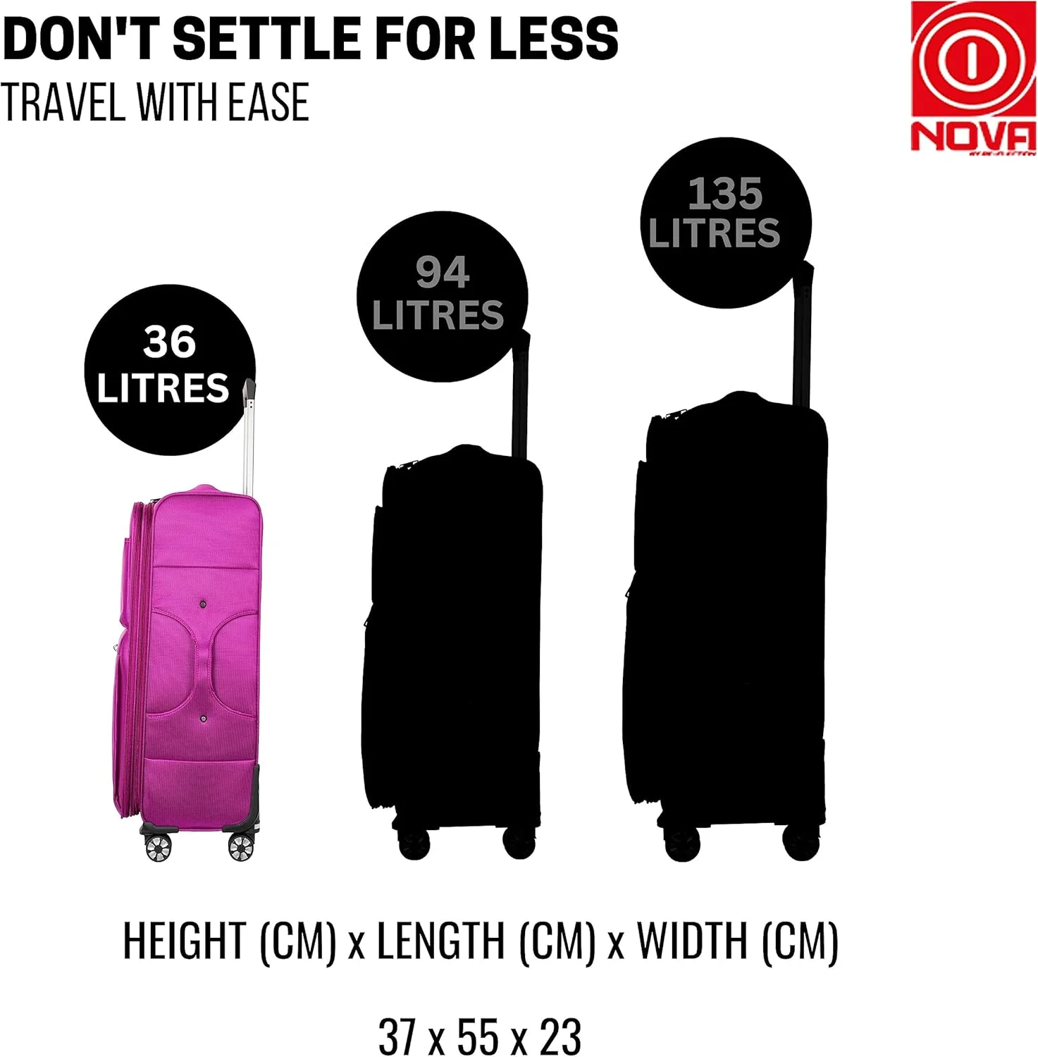 چمدان سفری 20 اینچی نوا از Re-flection، چمدان نرم و سبک سری عمودی با ظرفیت 36 لیتر و 4 چرخ گردان، بنفش.