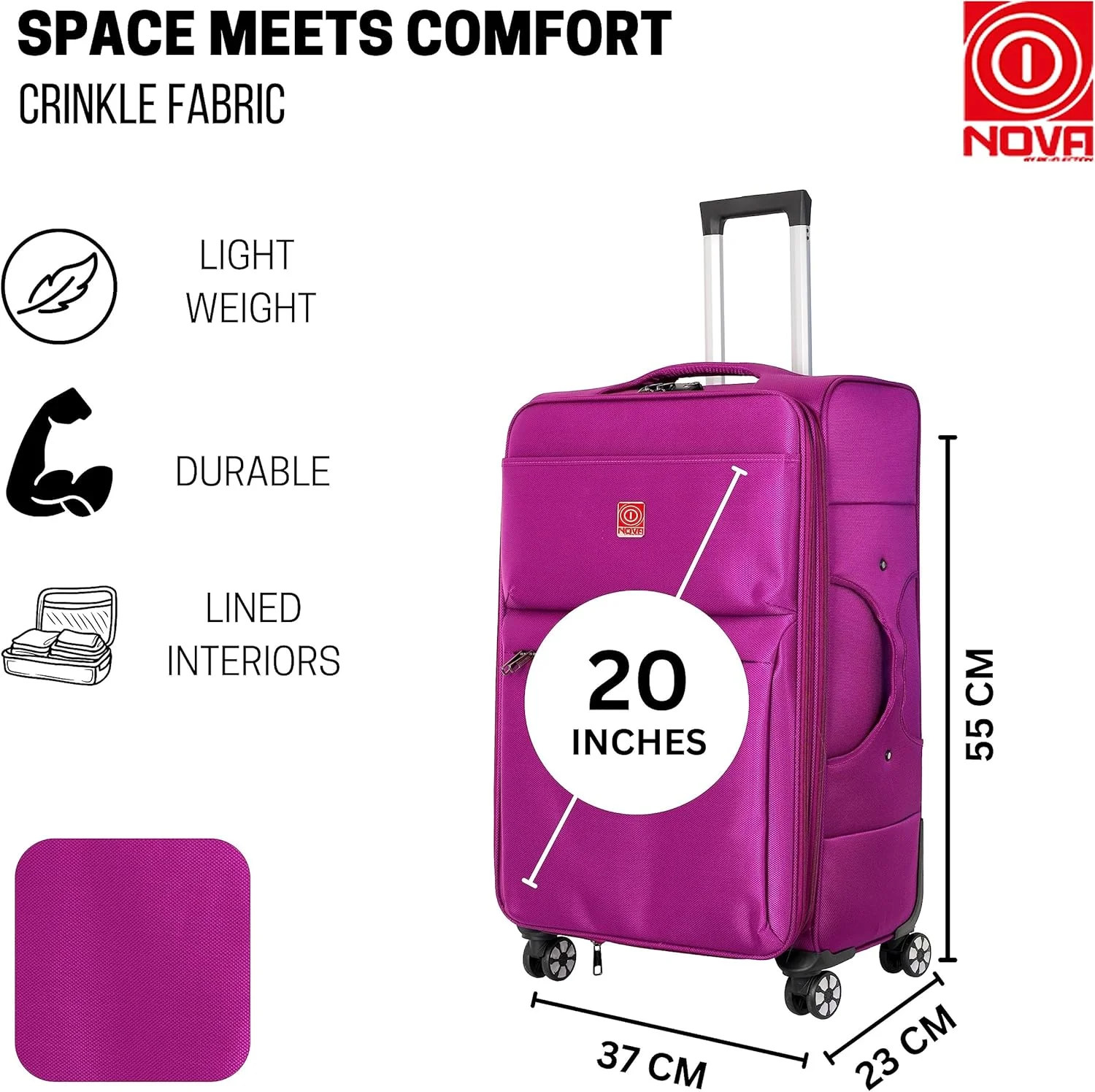 چمدان سفری 20 اینچی نوا از Re-flection، چمدان نرم و سبک سری عمودی با ظرفیت 36 لیتر و 4 چرخ گردان، بنفش.