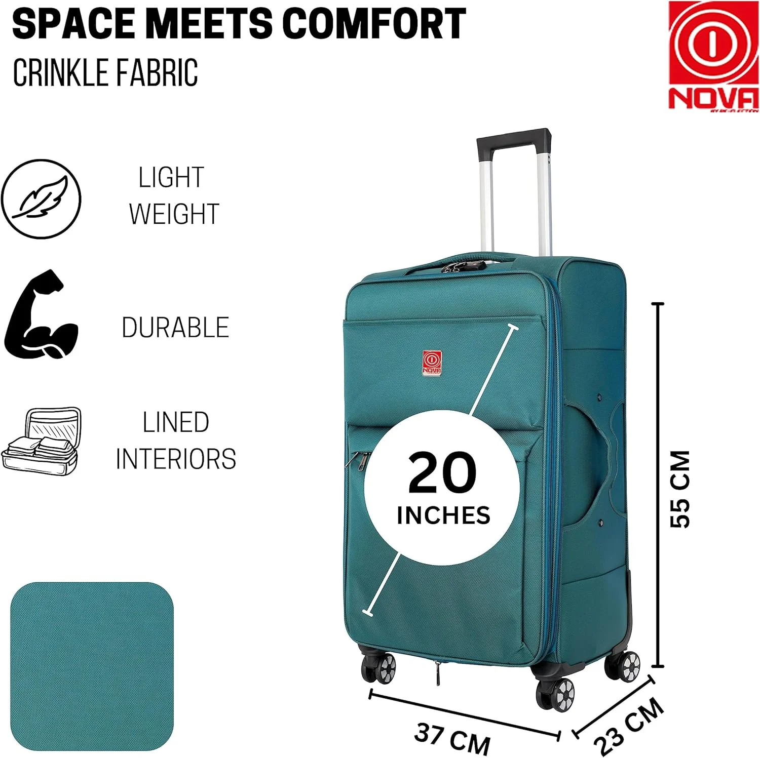 چمدان کابین سایز 20 اینچی نوا از Re-flection، چمدان چرخدار مسافرتی سبک وزن سری Voyager با ظرفیت 36 لیتر و 4 چرخ گردان، سرمه ای.