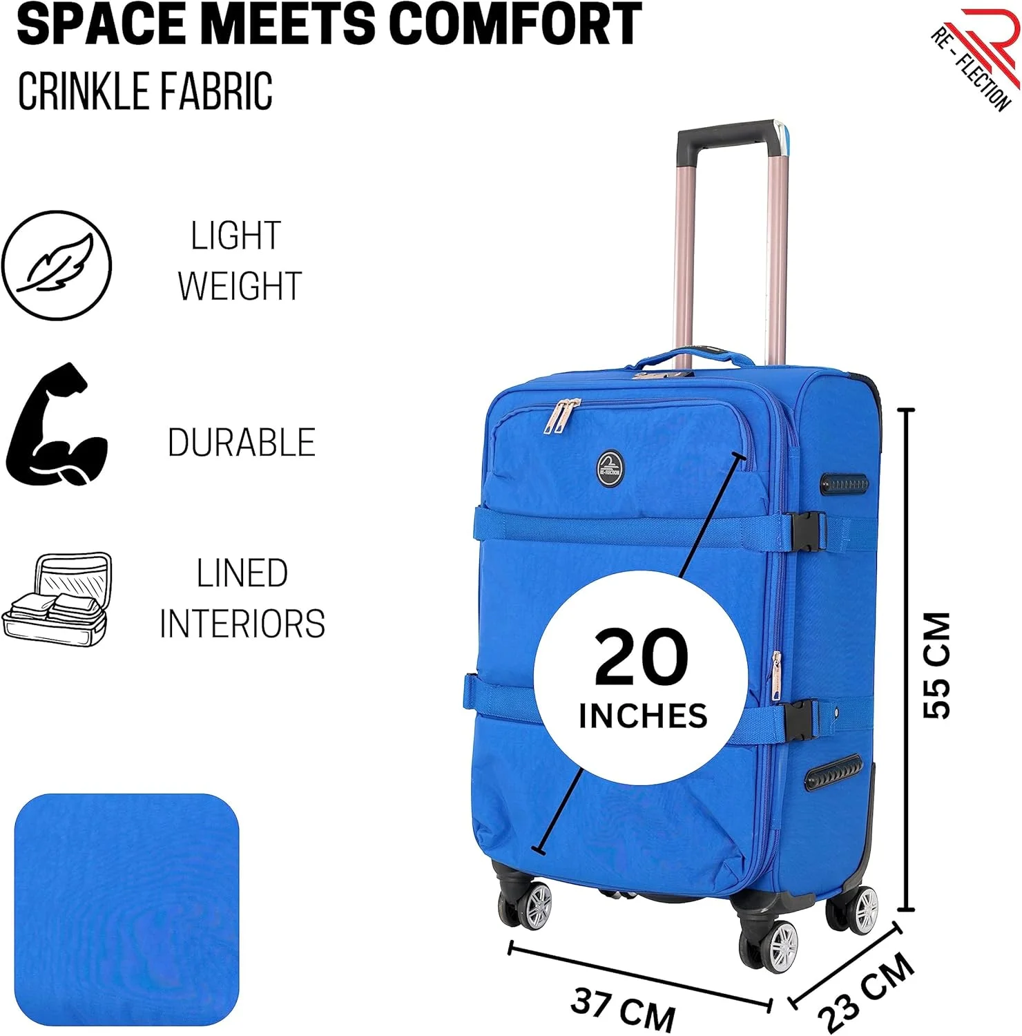 چمدان سفری 20 اینچی Re-flection، چمدان ترولی سبک وزن با ظرفیت 36 لیتر و 4 چرخ گردان، آبی