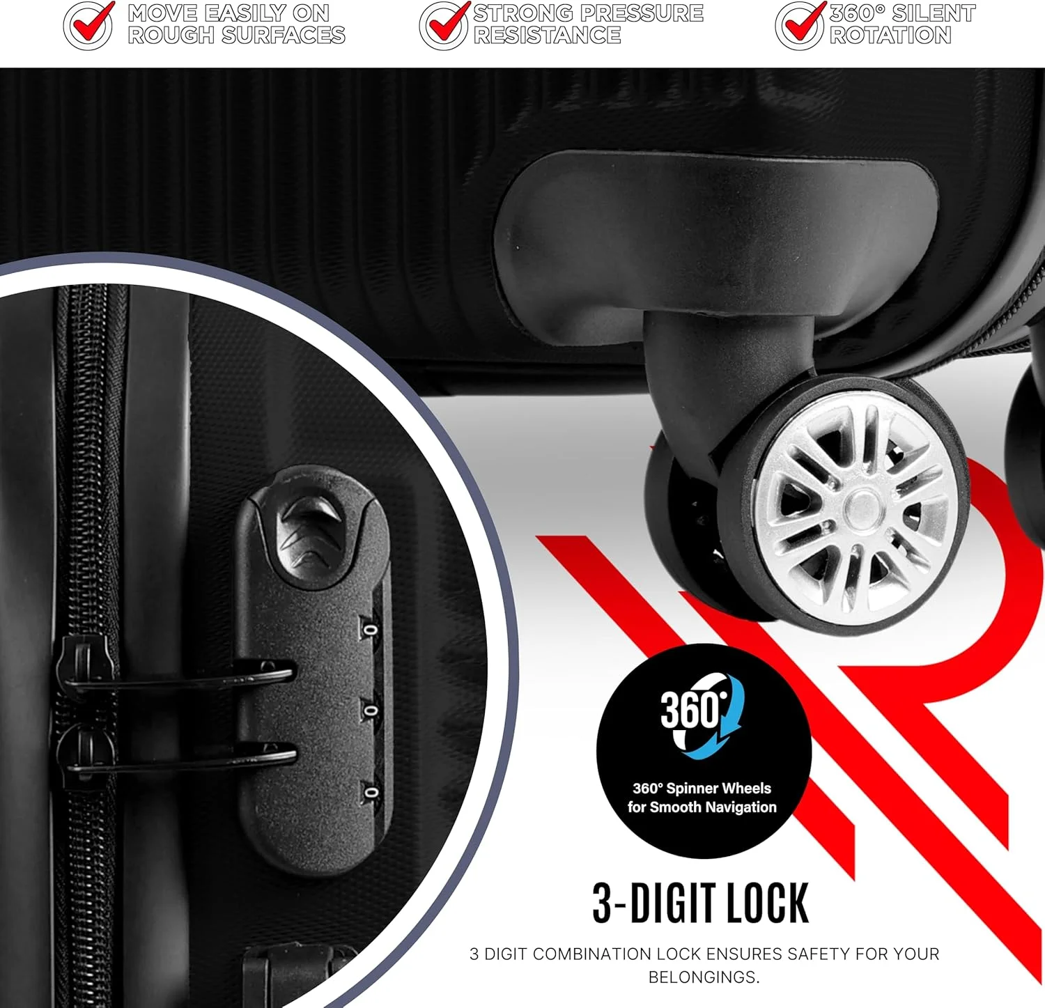 چمدان بازتاب ABS، چمدان سبک وزن با چرخ‌های بی‌صدای 360 درجه، مورد تایید خطوط هوایی، چمدان ترولی سخت ABS، چمدان مسافرتی با چرخ‌های اسپینر