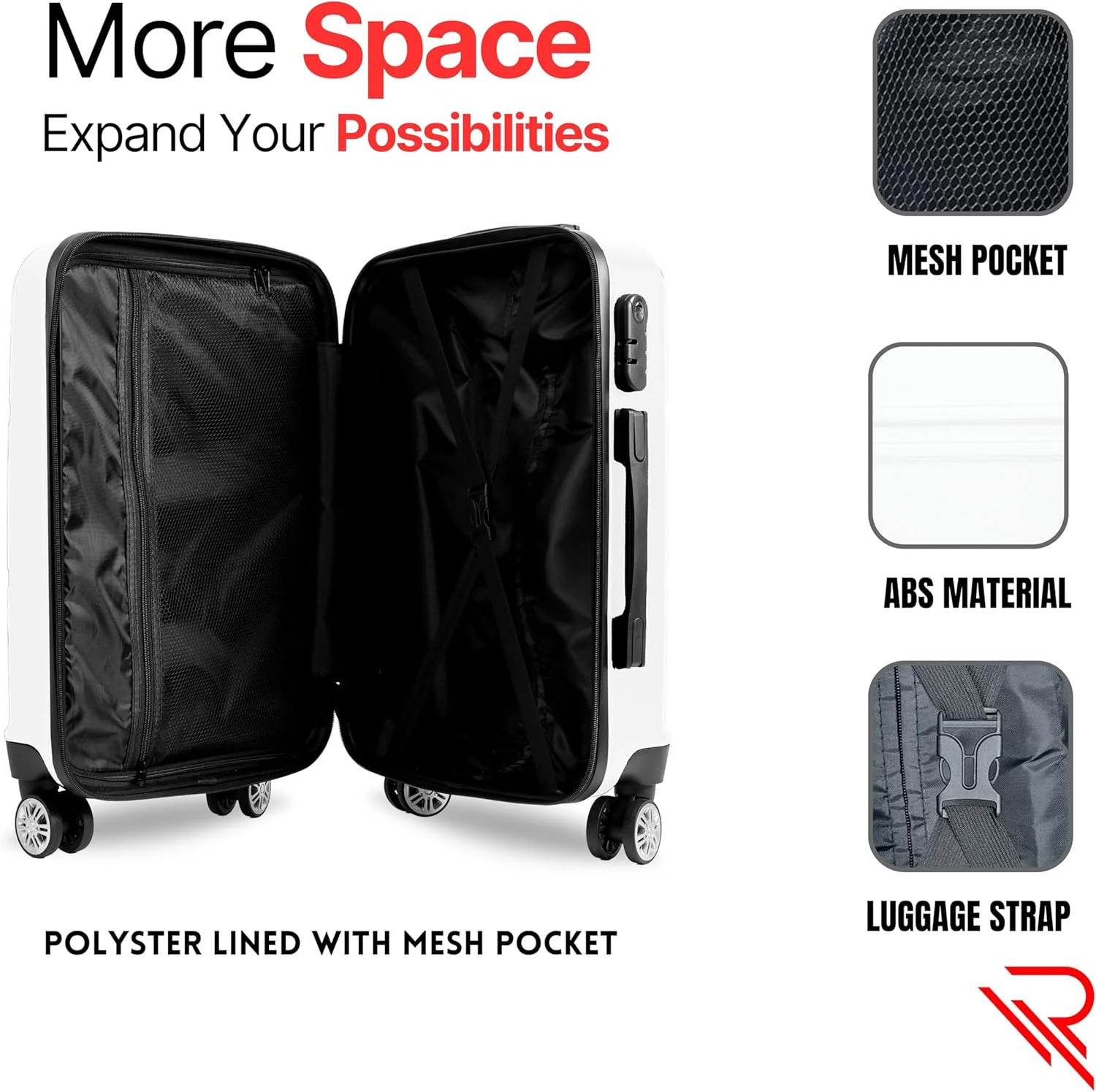 چمدان کابین بازتابی ABS مورد تایید خطوط هوایی، چمدان سبک وزن 20 اینچی - چرخ های بی صدای 360 درجه، چمدان چرخ دار سخت ABS، چرخ های اسپینر، چمدان مسافرتی (20 اینچ، سفید)