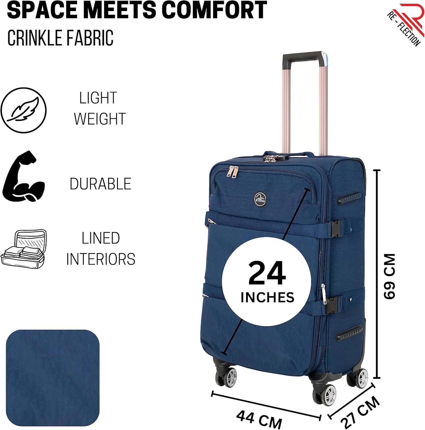 چمدان کرینکلی بازتابی، چمدان چرخدار سبک وزن عمودی برای مسافرت، 4 چرخ گردان