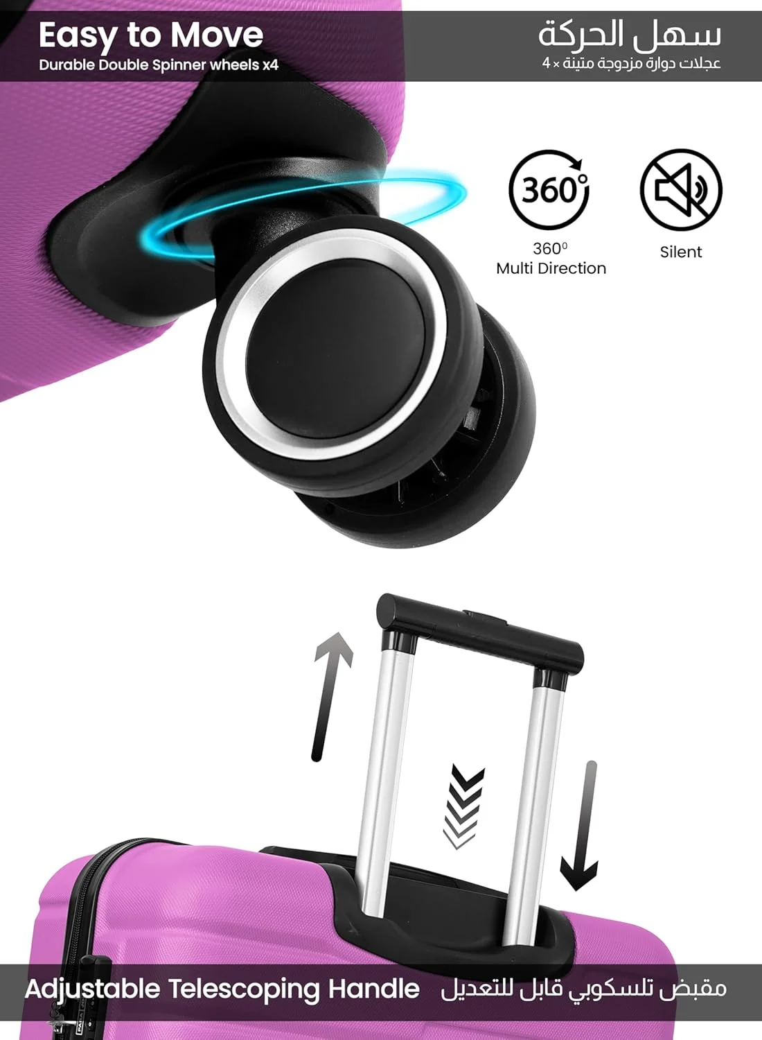 چمدان مسافرتی سایز کابین سبک و بادوام سری POPGLIDE، 20 اینچ، با قابلیت حمل 10 کیلوگرم، جنس ABS، دارای 4 چرخ و بدنه سخت (صورتی)