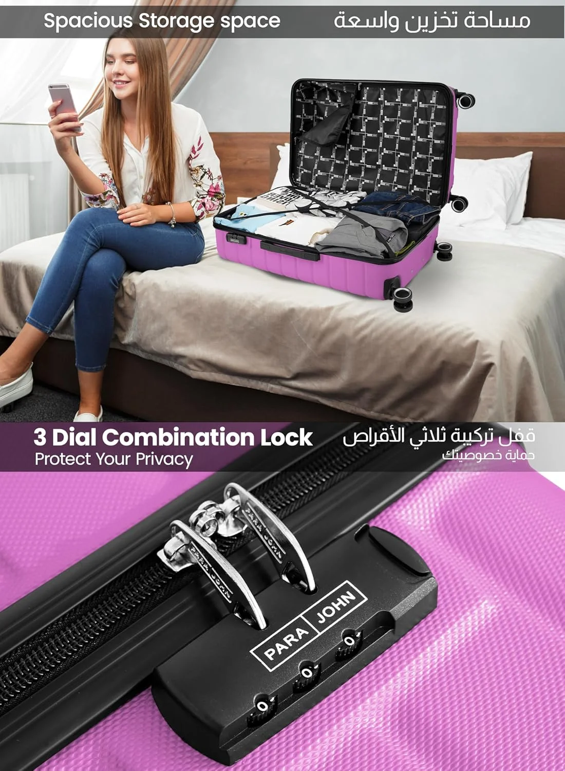 چمدان مسافرتی سایز کابین سبک و بادوام سری POPGLIDE، 20 اینچ، با قابلیت حمل 10 کیلوگرم، جنس ABS، دارای 4 چرخ و بدنه سخت (صورتی)