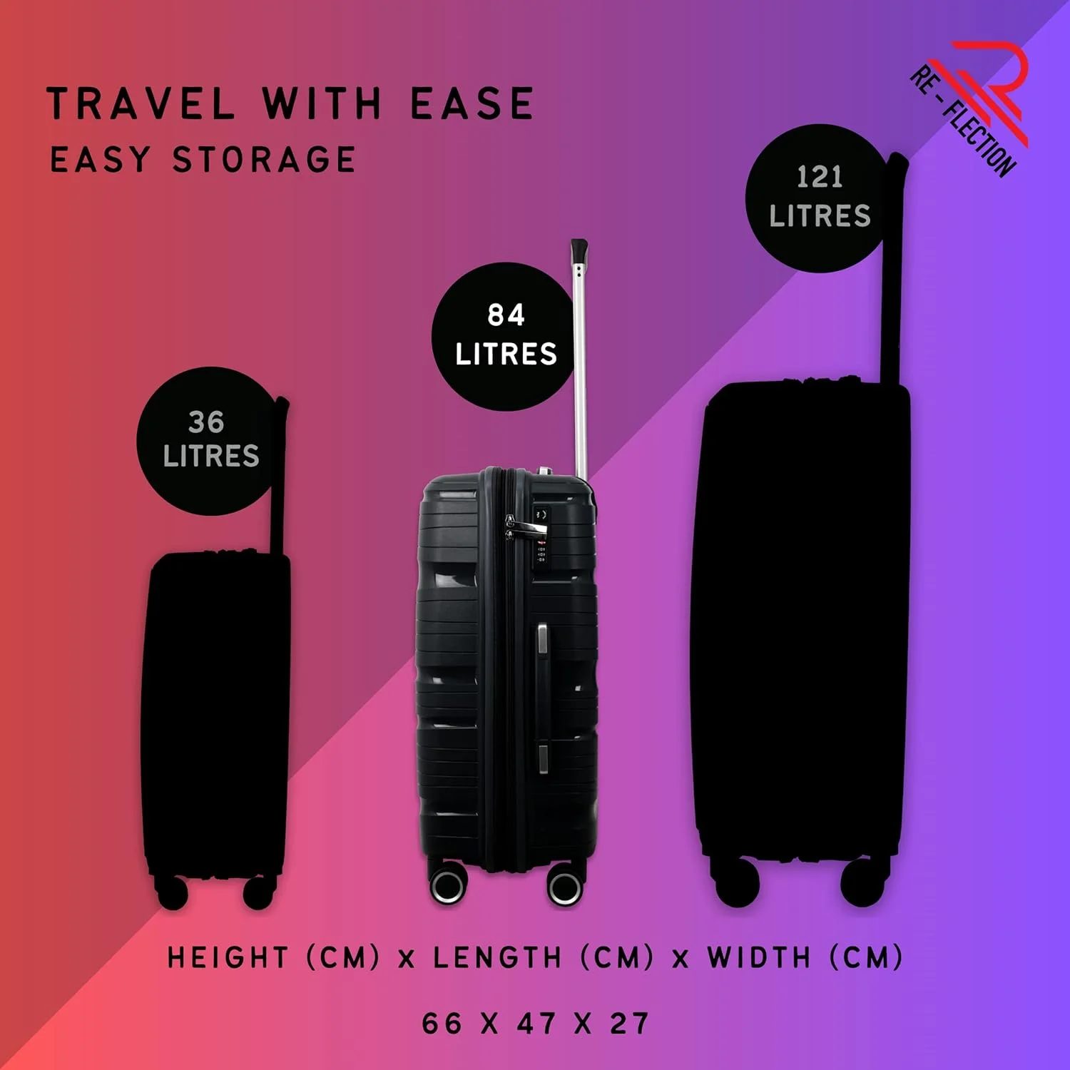 چمدان چرخدار پلی پروپیلن Re-flection، چمدان مسافرتی سبک وزن با بدنه سخت و خطوط براق، 4 چرخ گردان و قفل TSA